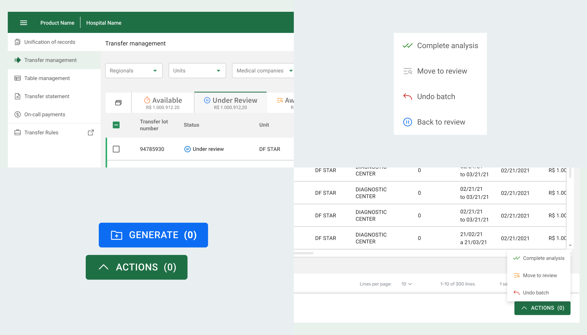 Consolidated actions model in the hospital software interface