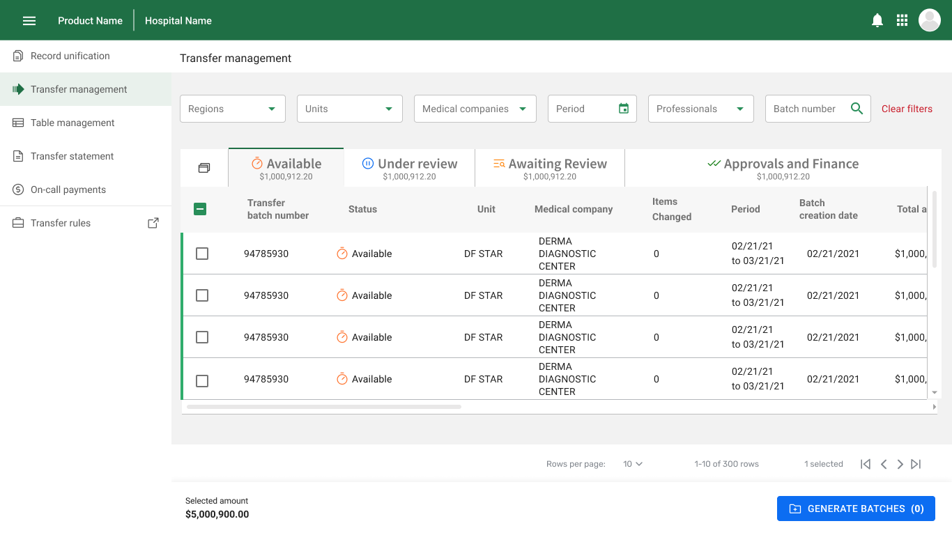 Medical fee management software main screen